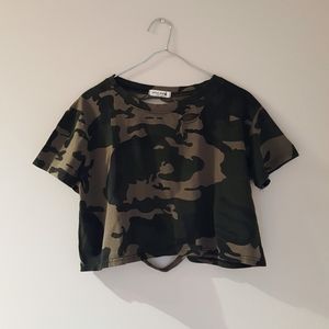 Cropped distressed camo top